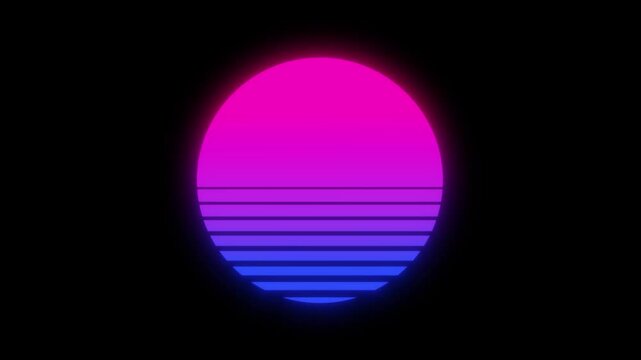 Retro synthwave sun. Vaporwave, retrowave 80&acute;s 90&acute;s glowing neon purple, blue, sunset motion video background, 4k