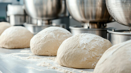 Fototapeta premium Food factory. Freshly kneaded dough balls are lined up on a countertop, surrounded by mixing equipment in a bakery setting.