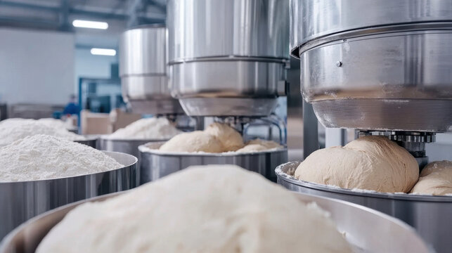 Food factory. A close-up view of dough and flour in industrial mixers, showcasing a busy baking environment.