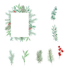 Christmas frame with watercolor winter greenery floral