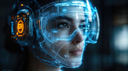 Young woman wearing futuristic headset, engaging with advanced technology in a high-tech environment during the evening. Generative AI