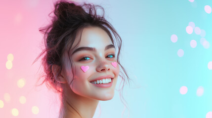 Joyful woman with pink heart stickers on her face, radiating positivity on a soft pastel background.