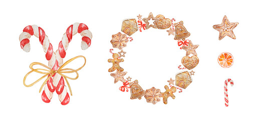 Watercolor Christmas sweets set with candy and wreath
