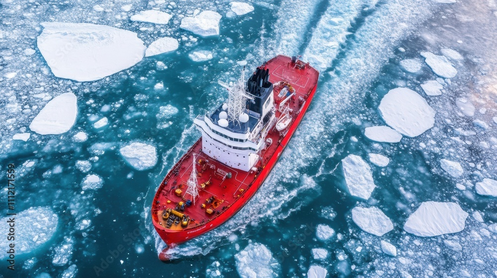 Aufkleber sailing through frigid polar waters, the red icebreaker navigates amidst vast ice flows and towering
