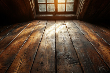 Sunlit Rustic Wooden Floor And Attic Window