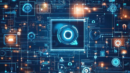 Fototapeta premium High-Tech Surveillance Protection Concept with Futuristic Interfaces and Digital Elements