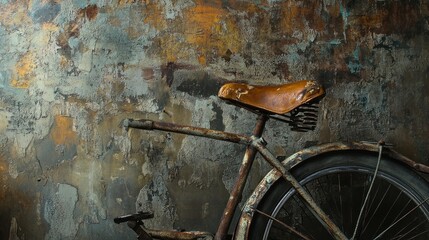 Vintage bicycle with leather seat, rustic backdrop