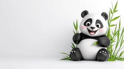 Fototapeta premium Cute and Cheerful Panda Plush Toy Sitting Among Bamboo in Nature