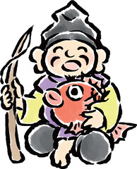 鯛と釣り竿を持って座る恵比寿天　筆タッチ手描きイラスト