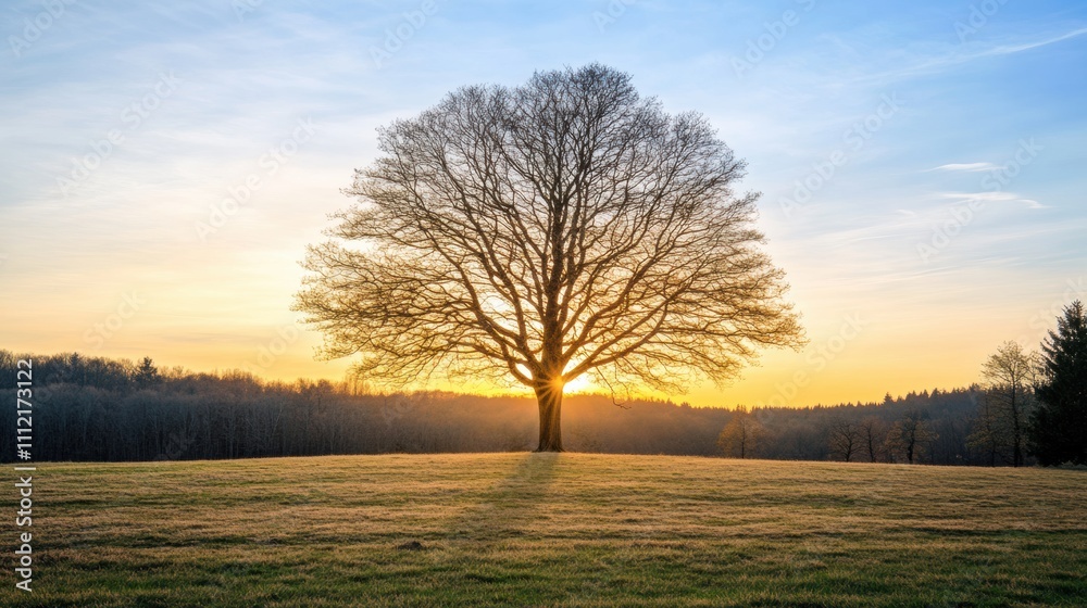 Fototapete a solitary tree stands proudly in the middle of a vast field as the sun sets behind it, casting long