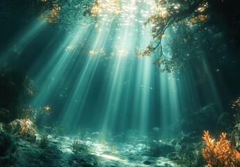 Fototapeta premium Mesmerizing Underwater Scene with Sunlight Streaming Through Water, Illuminating Vibrant Marine Life and Lush Aquatic Plants in a Serene Ocean Environment