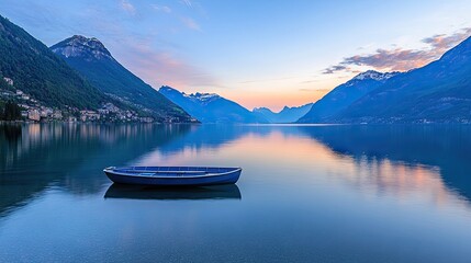 Obraz premium Tranquil sunrise over lake with lone blue boat and mountains