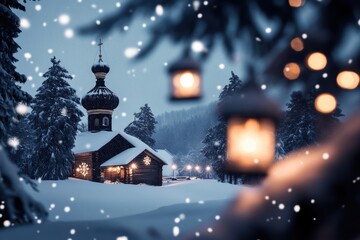 winter celebration, a serene orthodox christmas scene a snowy night with a charming wooden church, snowflakes falling gently under ancient lantern light