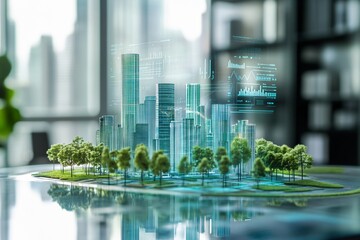 Miniature green city model with holographic skyscrapers and data overlays on a reflective table in a modern office. Sustainable urban planning and smart city concept