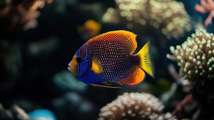 Obraz premium Vibrant blue and orange angelfish swimming amidst coral reef.