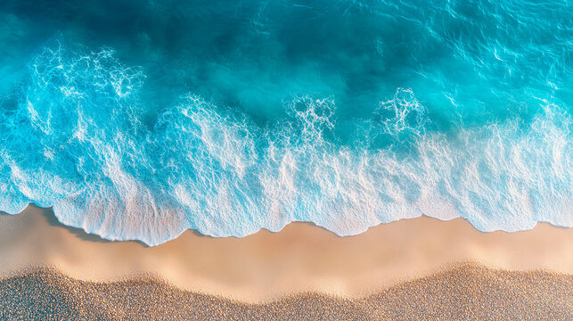 Ocean waves on the beach as a background. Aerial top down view.