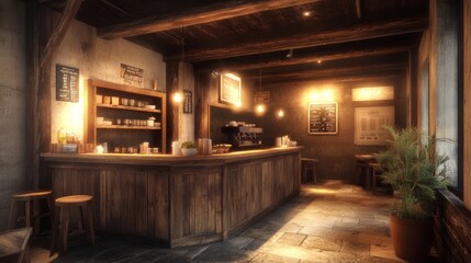 Fototapeta premium A modern rustic cafe featuring a sleek old wooden corner counter, warm ambient lights, and relaxing tones throughout