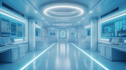 Futuristic laboratory with illuminated technology and sleek design in a high-tech environment. Generative AI
