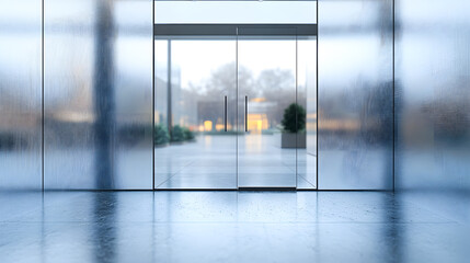 Naklejka premium Blurred office interior background with a blurred door and glass wall, blurry bokeh light effect for a business concept design. High-quality photo, taken with a telephoto lens in realistic daylight