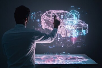 Man interacting with a holographic car model projected above a digital table in a dark futuristic environment. Automotive design and technology concept.