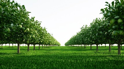 Beautiful Verdant Orchard with Flourishing Fruit Trees and Lush Green Foliage in Serene Countryside Landscape