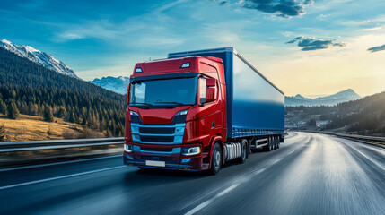 A red tractor with a blue semi-trailer moving along a highway passing through a mountainous landscape. Snow-capped mountains are visible in the background. Advertising of transport logistics.