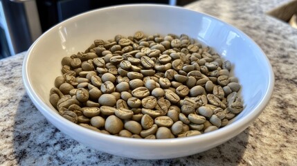 Freshly Harvested Green Coffee Beans in White Bowl on Countertop