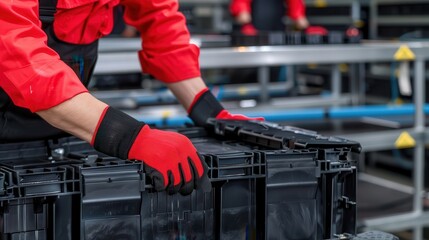 Battery replacement restores energy. Worker handling storage containers professionally