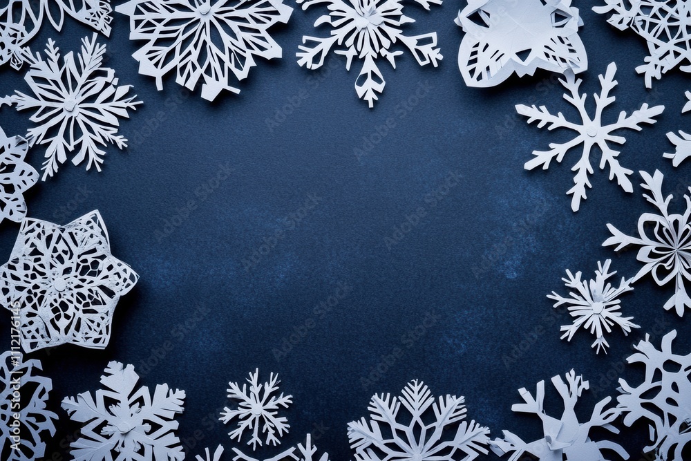 Poster handcrafted paper snowflakes are beautifully arranged on a dark surface, providing space for persona