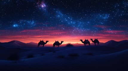 Three camels silhouetted against a vibrant desert sunset and starry night sky.
