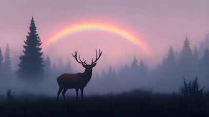 Majestic stag observes a rainbow in misty forest nature photography tranquil landscape serene environment