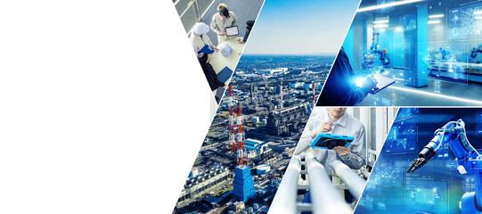 industry, factory, construction, collage, banner, advertisement, template, visual, engineer, human...