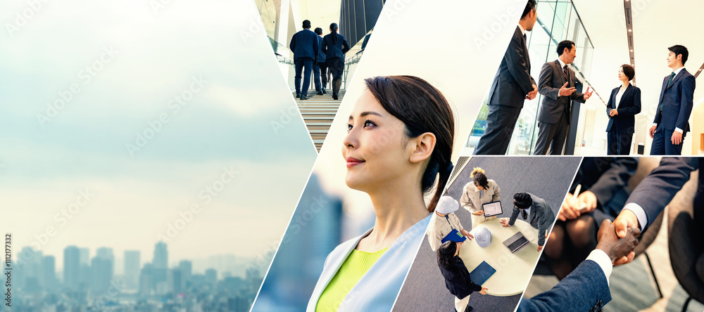 Poster 人材、ビジネス、チームワーク、マーケティング、社会、企業、日本人、グローバル、チャレンジ、握手、コラージュ、テンプレート、横長、バナー、コピースペース、広告、パノラマ、イメージ、ビジュアル、デザイン、