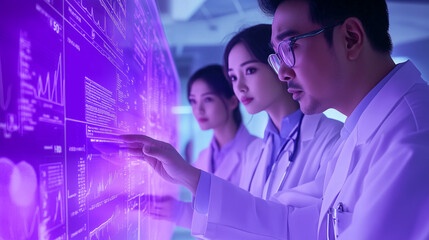  group of malaysian malay and chinese doctors are looking at a glass screen with health data