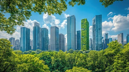 Fototapeta premium Modern skyline surrounded by lush trees and greenery under a bright blue sky.