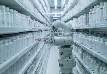 Obraz premium Robotic Arm in Automated Warehouse Aisle Among Shelves of Medicine Bottles for Pharmaceutical Storage and Organization Management
