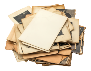 Set of retro photographs and envelopes, isolated on transparent cutout background