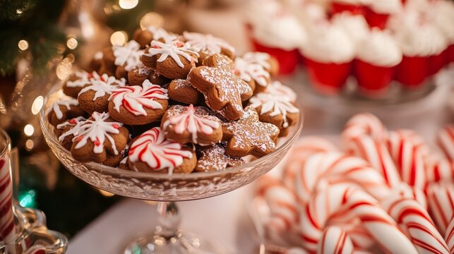 A close-up of a festive dessert table fille A Christmas dinner table with a roasted turkey A vibrant Christmas tree surrounded by cand