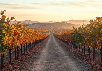 Naklejka premium Scenic Vineyard Pathway with Vibrant Autumn Foliage and Breathtaking Mountain Views under Soft Golden Sunset Light