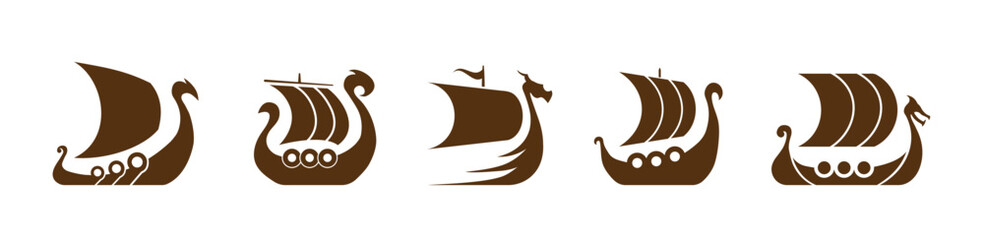 A minimalistic brown Viking longship icon with a dragon prow, shields, and sail, symbolizing Nordic history, Norse mythology, and marine warfare.