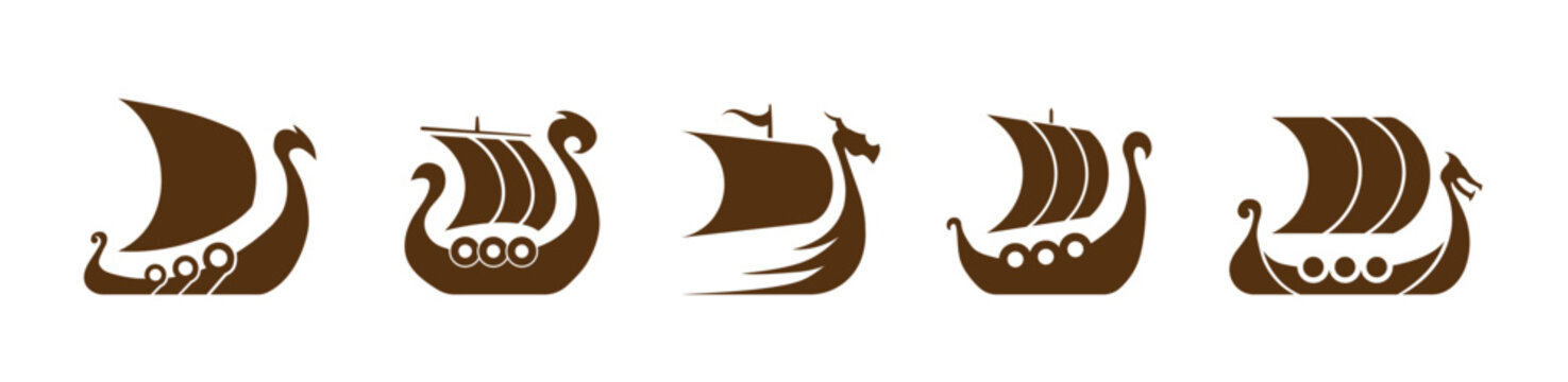 A minimalistic brown Viking longship icon with a dragon prow, shields, and sail, symbolizing Nordic history, Norse mythology, and marine warfare.