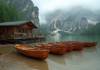 Serene Alpine Lake Scene with Wooden Boats and Rustic Cabin Surrounded by Majestic Mountains and Lush Green Forest in Misty Atmosphere
