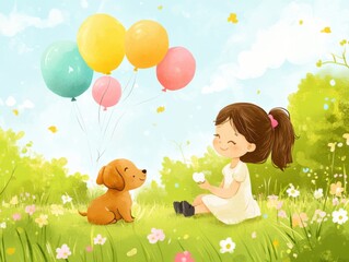 A girl playing with a puppy in the park, colorful balloons floating, spring flowers blooming, soft pastel colors, joyful and carefree, children's illustration style