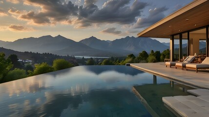 Tranquil modern luxury home showcase exterior with infinity pool and mountain view