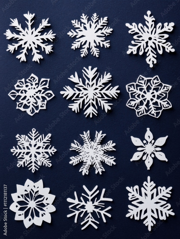 Poster delicate white snowflakes made of paper arranged on a dark surface create an ideal backdrop for fest