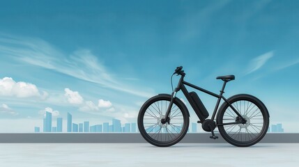 Obraz premium Battery replacement restores energy. Electric bike against a city skyline.