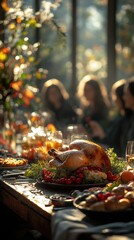 Thanksgiving dinner with family silhouettes and festive decor