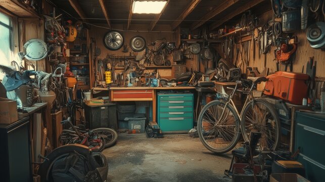 A cluttered workshop with scattered tools w abb