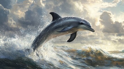 Obraz premium A Dolphin Leaps Through Ocean Waves Under Cloudy Skies
