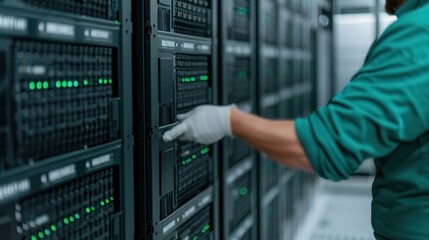 Battery replacement restores energy. Data center technician working on servers
